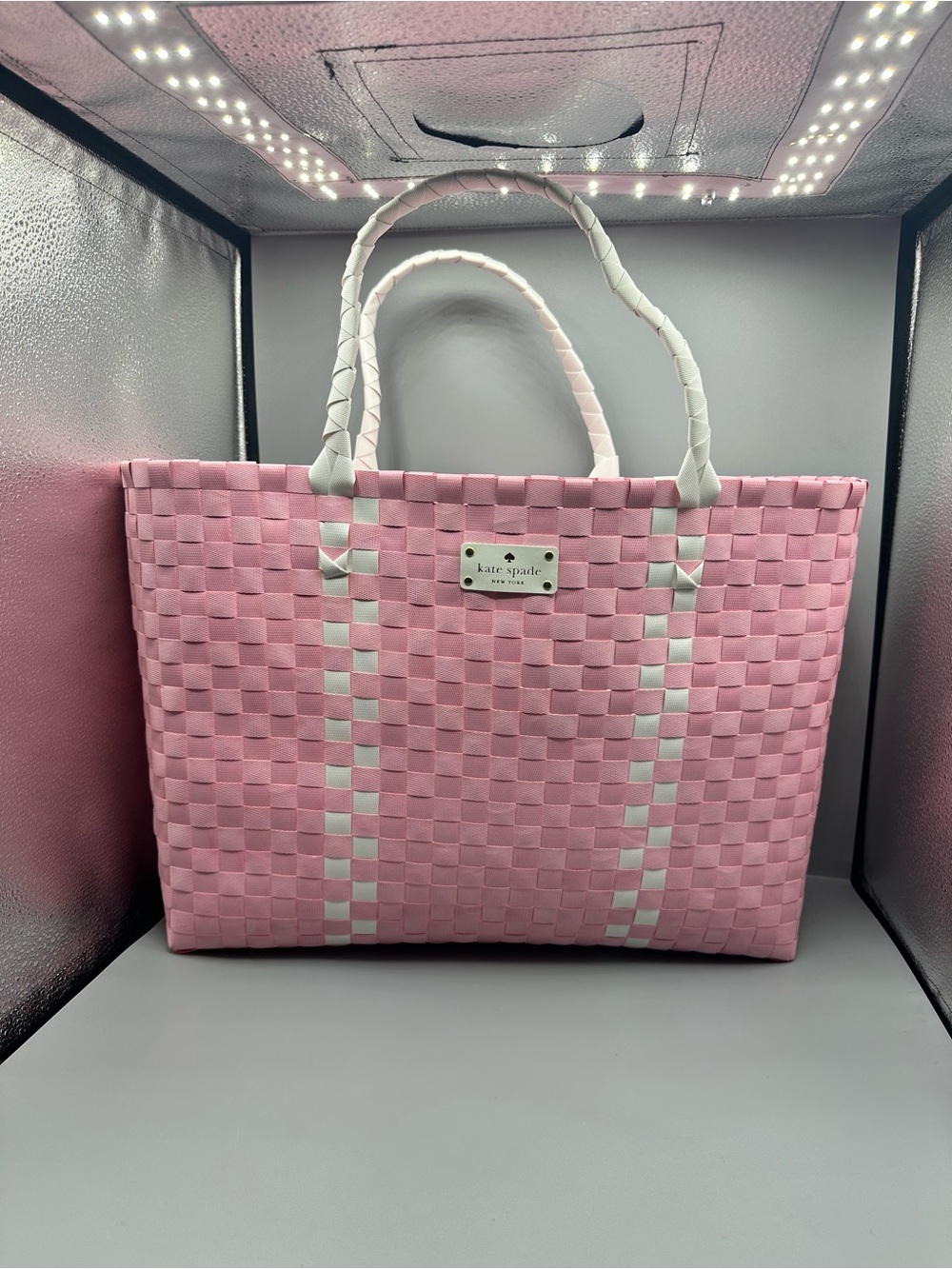kate spade Pink Woven Tote with White Accents